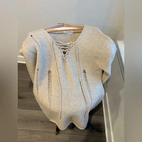 78$ NWT OAK+FORT Lace-Up Distressed Sweater | Relaxed Fit | NWT | Size S-M - Picture 10 of 15